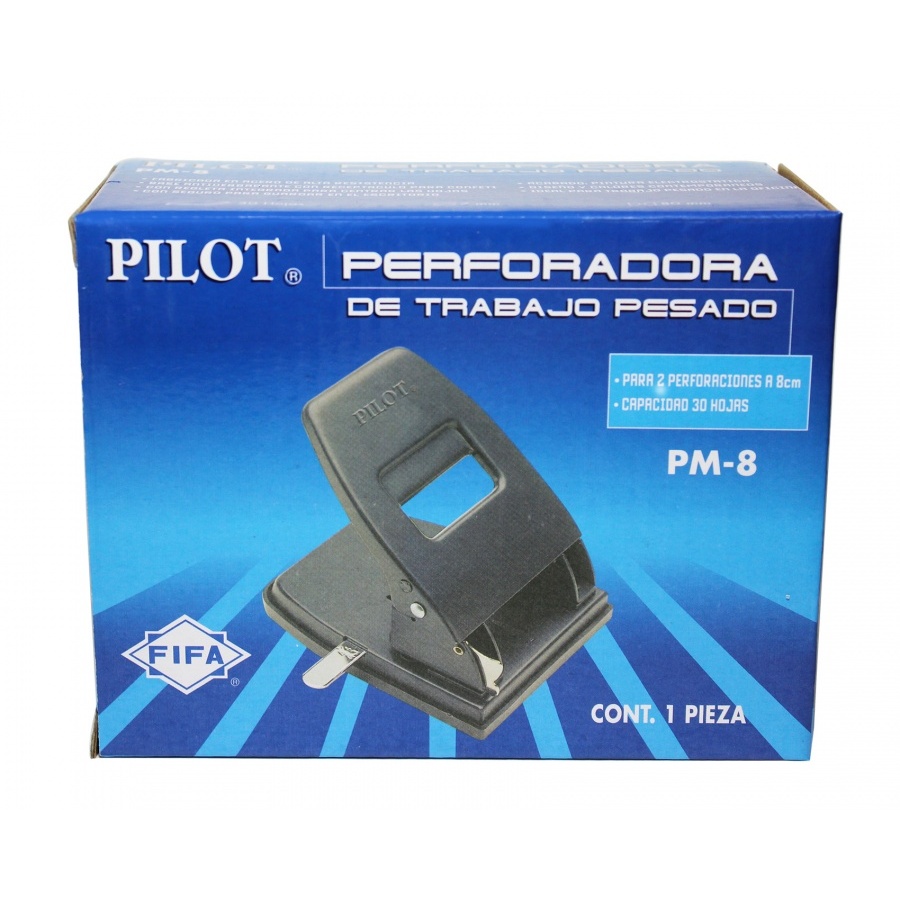 Perforadora para trabajo pesado Pilot Mo Perfora hasta 30 hojas, acero troquelado, base antiderrapante, pintura electrostática, regleta integrada, separación de 8 mm.                                                                                                                                   d. PM-8 de 2 orificios                   - Pilot